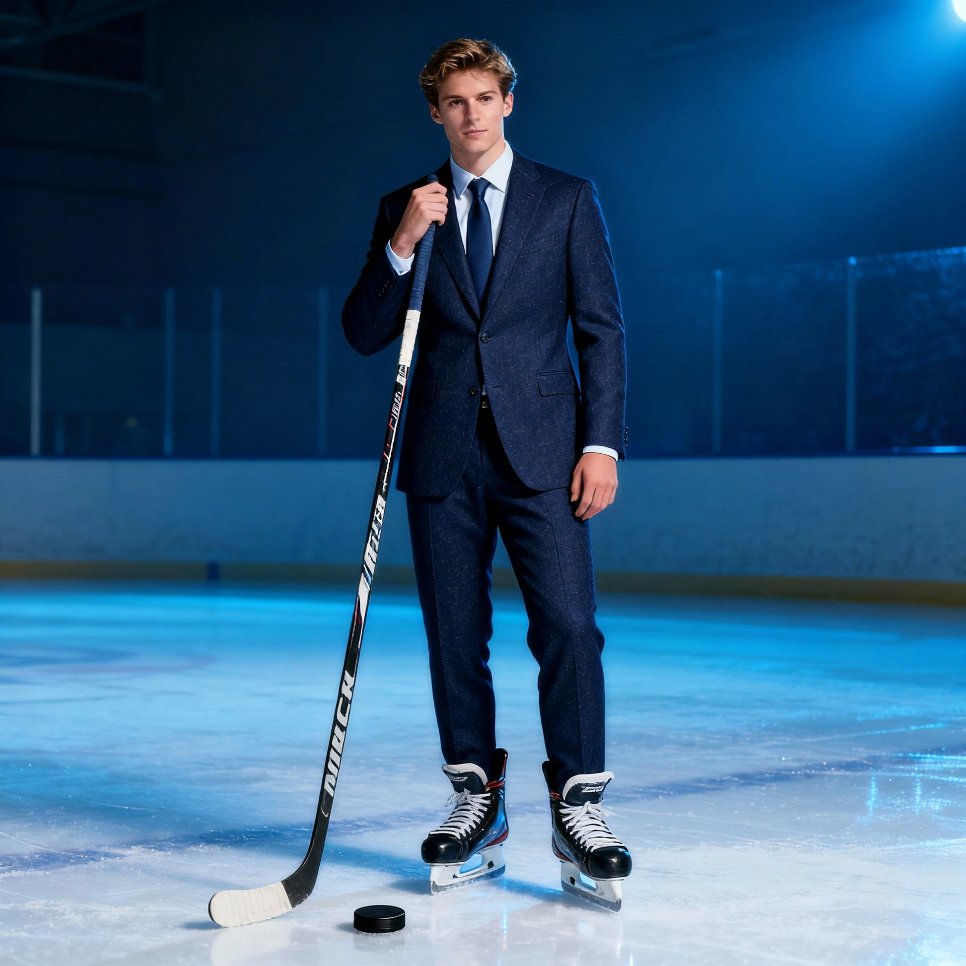 Man in a suit holding a hockey stick on an ice rink