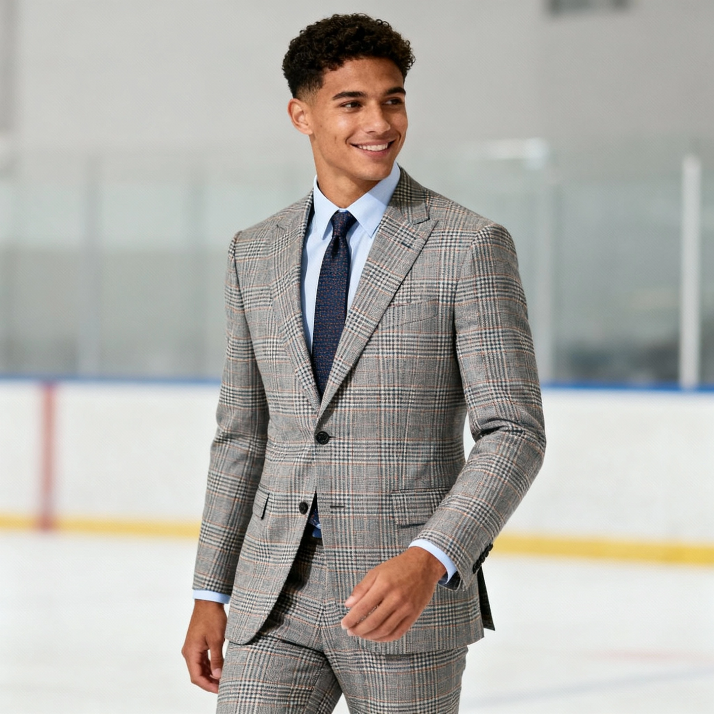 Man wearing a gray checkered suit with a blue tie on an ice rink.
