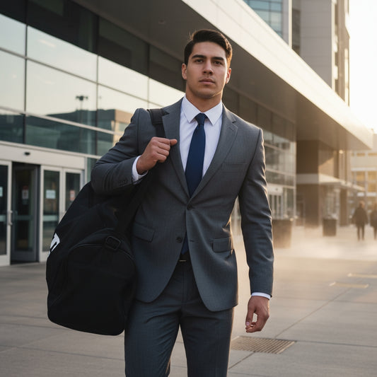 Man in a suit holding a duffel bag in front of a modern building