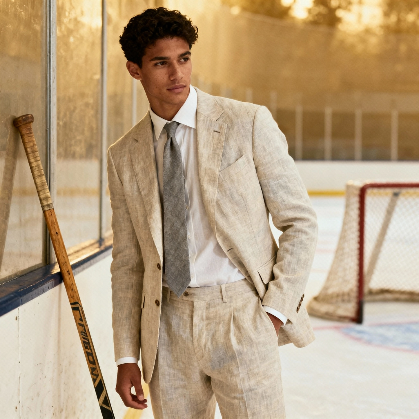 Man in a beige suit standing on an ice rink with hockey equipment.
