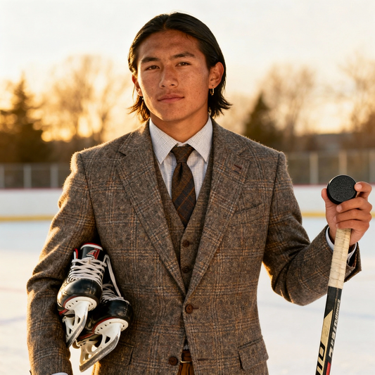 Man in a suit holding ice skates and a hockey stick on an ice rink.