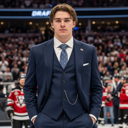 Man in a blue suit standing in front of a crowd at a sports event