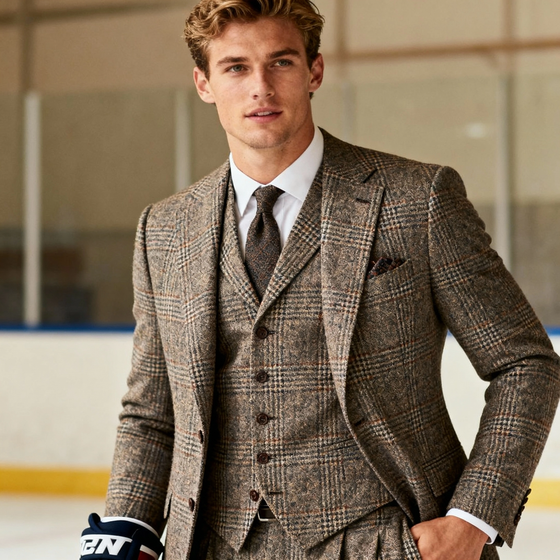Man wearing a brown checkered suit with a tie, standing indoors.