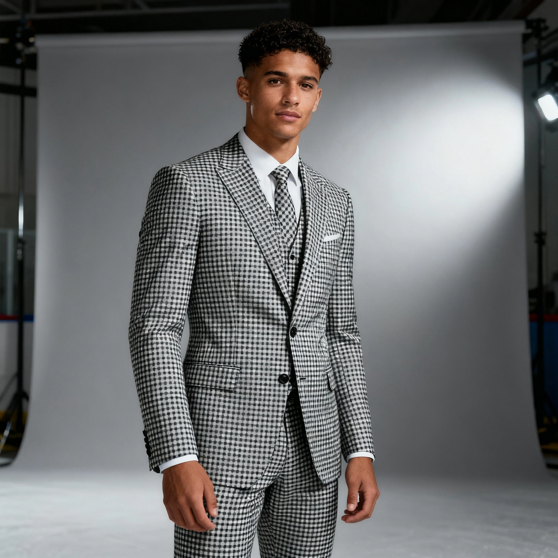 Man wearing a checkered suit standing against a neutral background