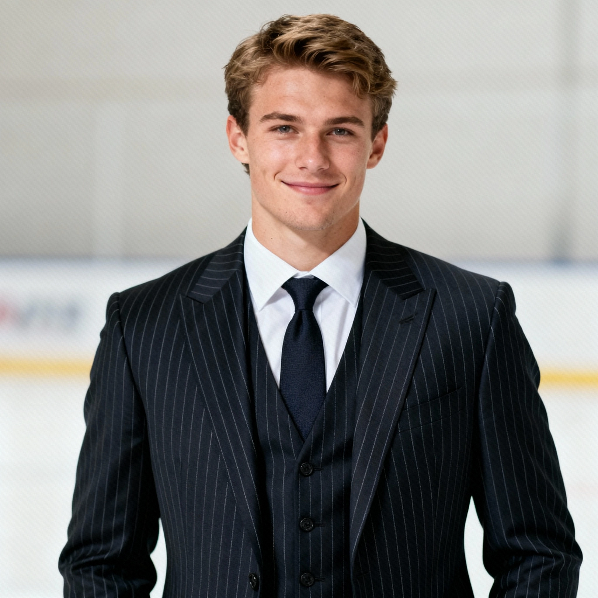 Man wearing a dark pinstripe suit with a white shirt and tie, standing against a neutral background.