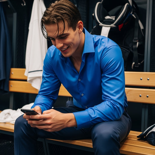 Man in a blue shirt sitting on a bench in a locker room, using a phone.