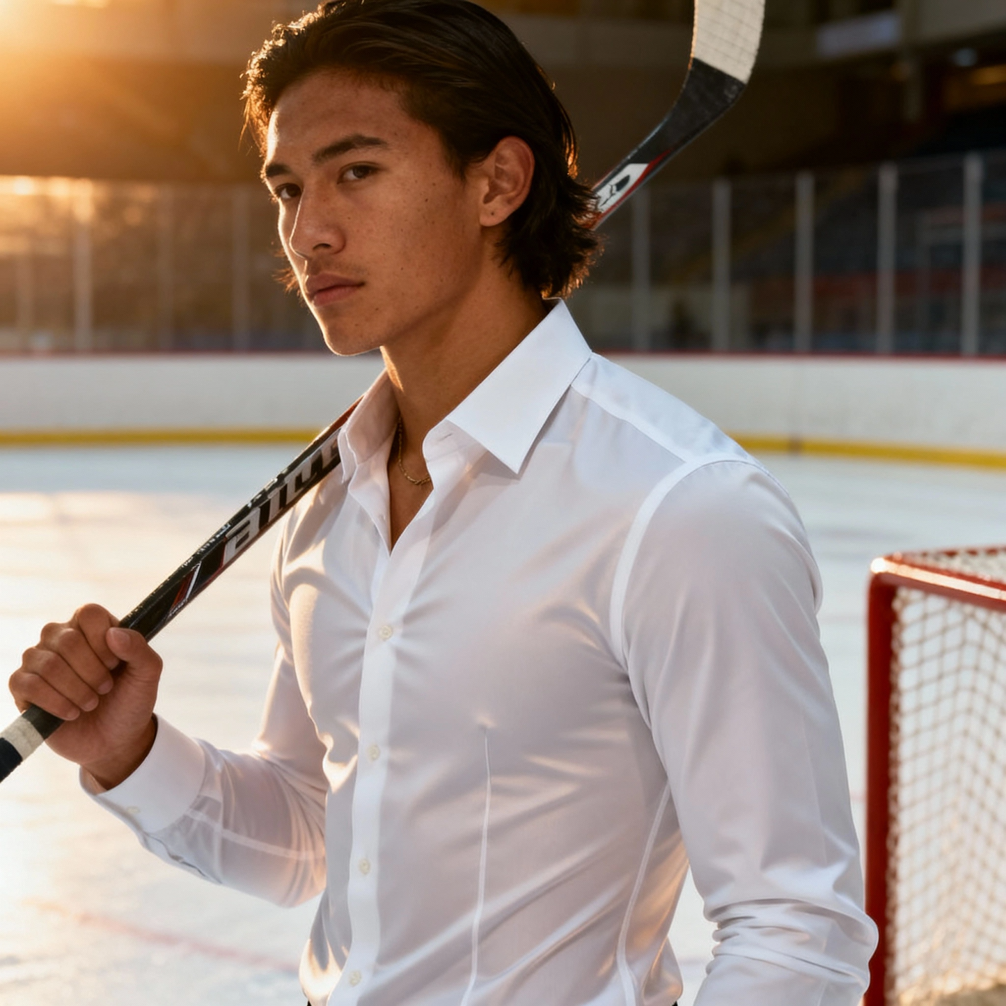 Person holding a hockey stick on an ice rink with sunset lighting