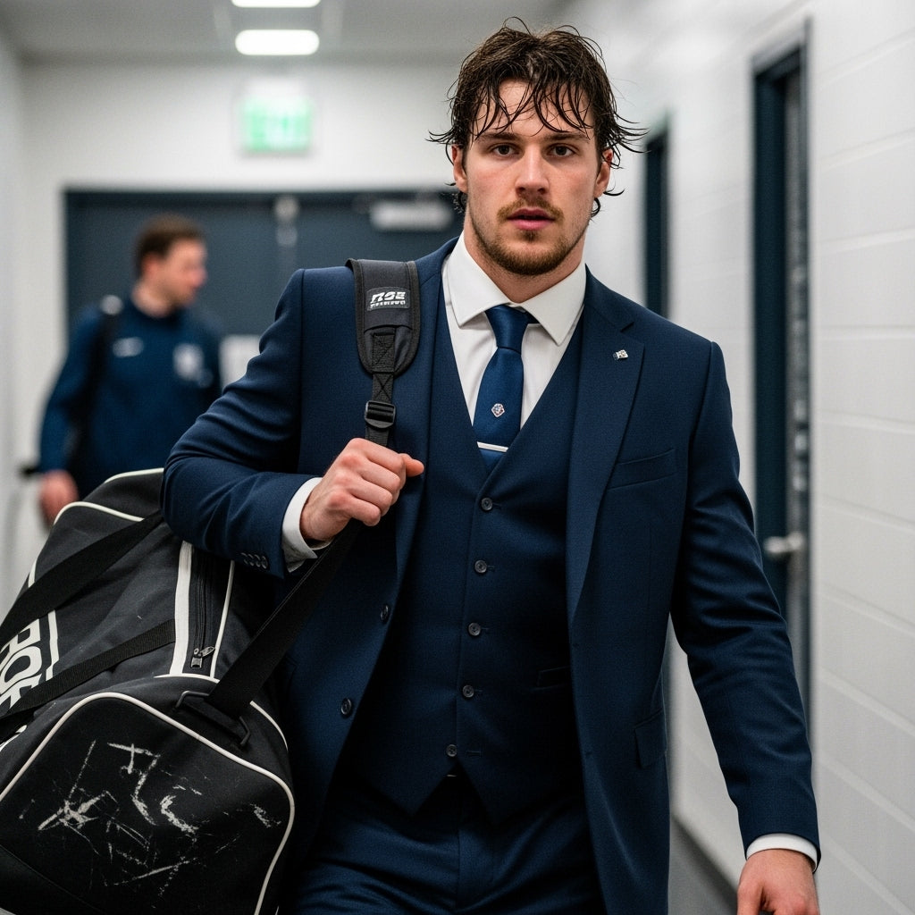 Man in a blue suit with a backpack walking down a hallway.