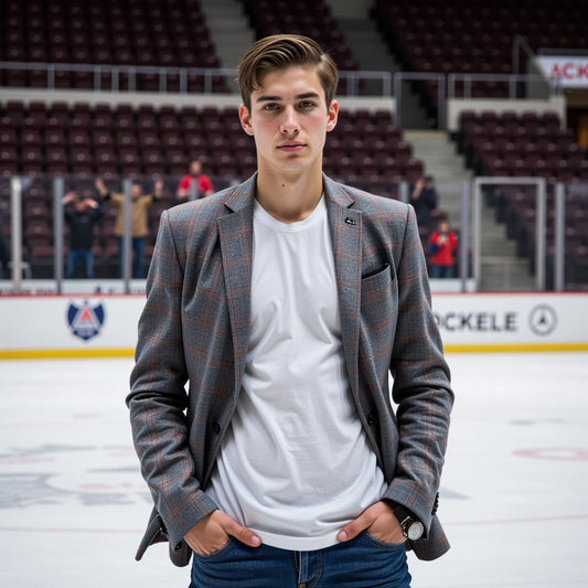Person standing on an ice rink wearing a gray blazer over a white shirt.