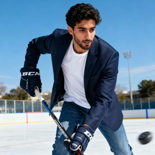 Man in a suit holding a hockey stick on an ice rink