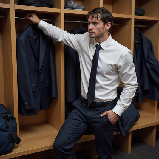 Man in formal attire sitting in a locker room with suits hanging around him