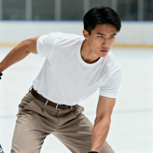 Person in a white t-shirt and beige pants on an ice rink