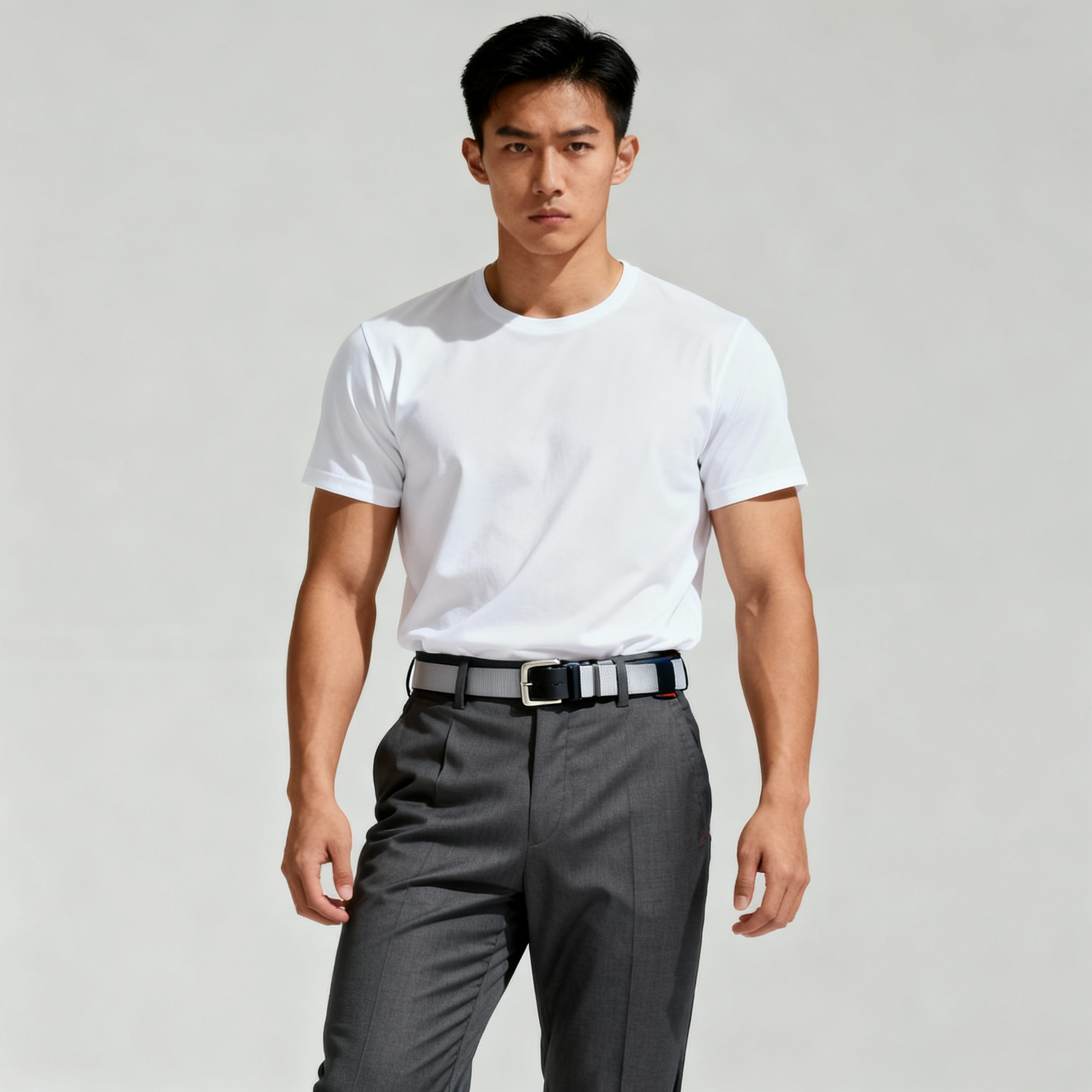 Man wearing a white t-shirt and gray pants on a plain background