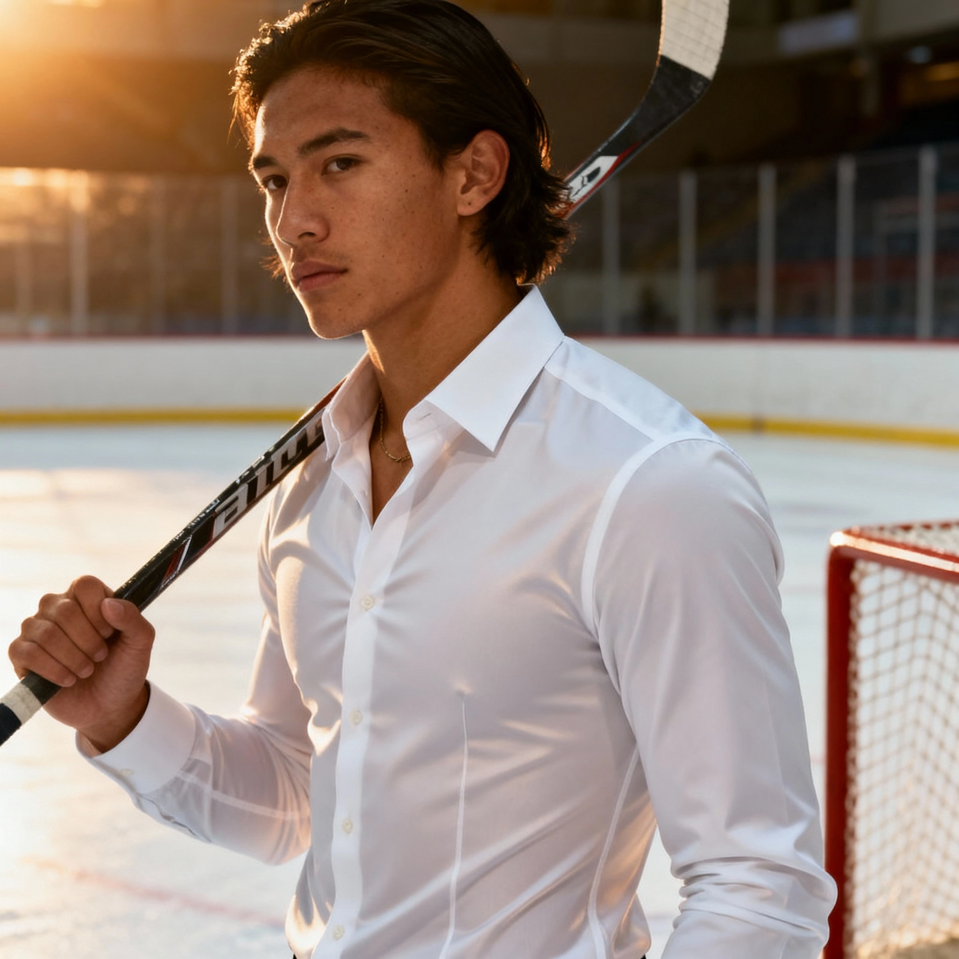 Person holding a hockey stick on an ice rink with sunset lighting